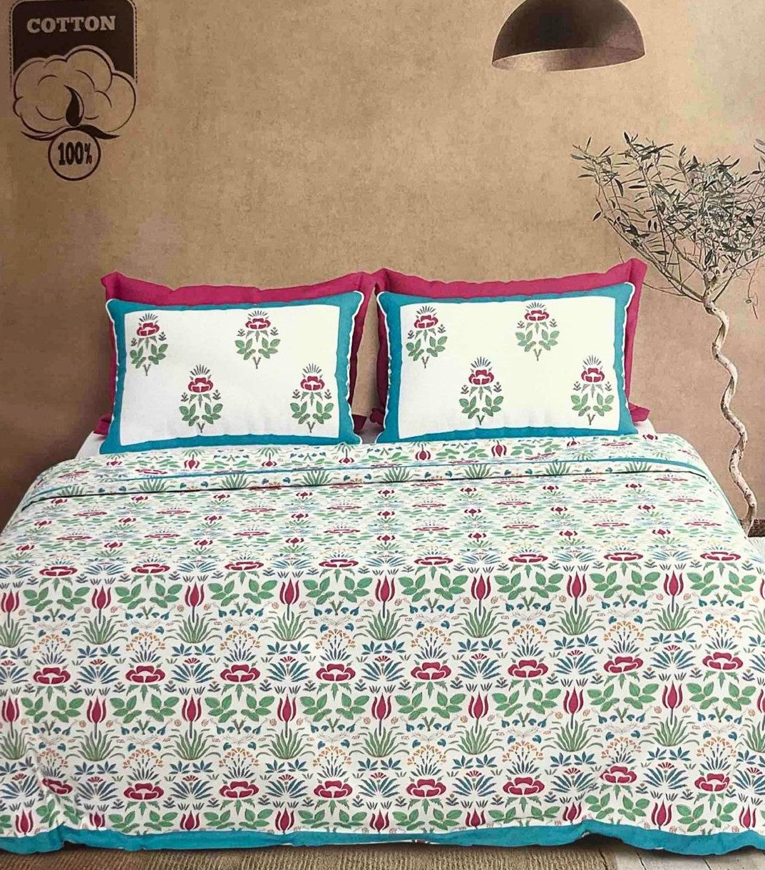 Vibrant Garden Jaipuri Handblocked Print Cotton King Size Bedsheet Set