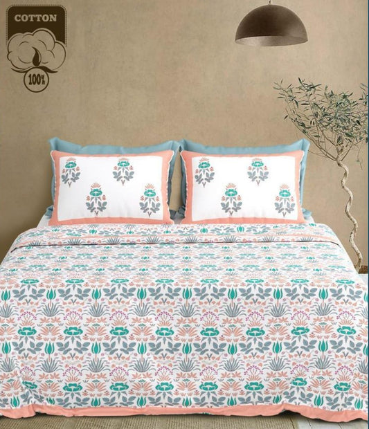 Vibrant Garden Jaipuri Handblocked Print Cotton King Size Bedsheet Set