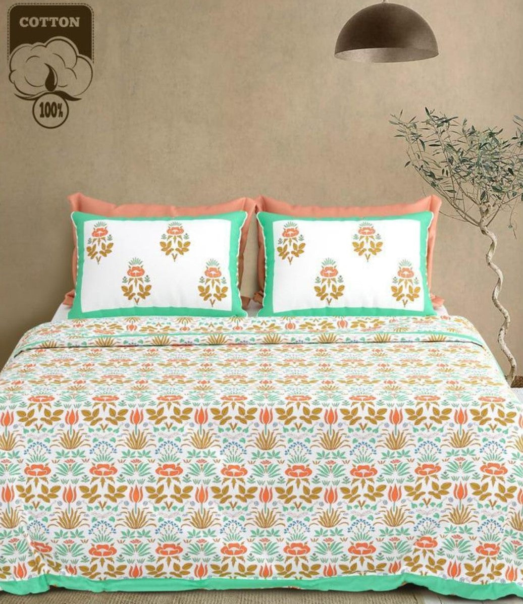 Vibrant Garden Jaipuri Handblocked Print Cotton King Size Bedsheet Set