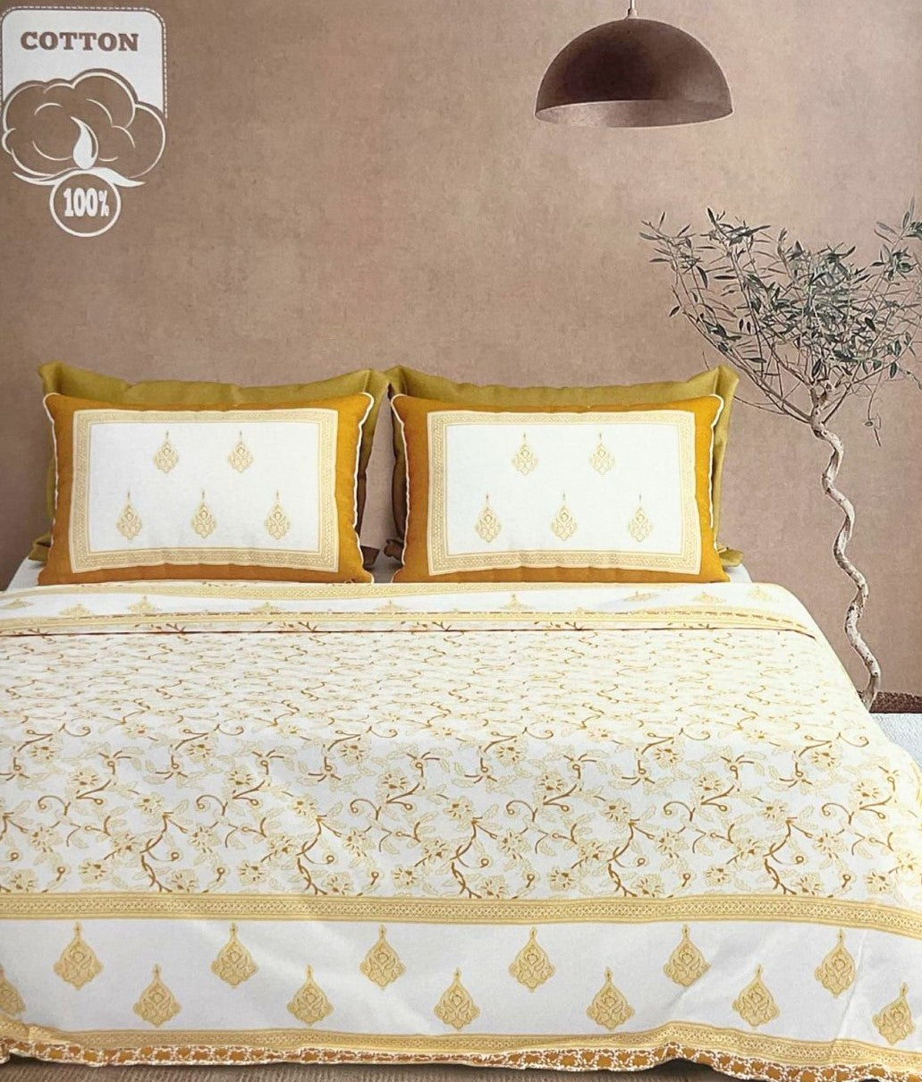 Monochrome Vine Jaipuri Handblocked Print Cotton King Size Bedsheet Set