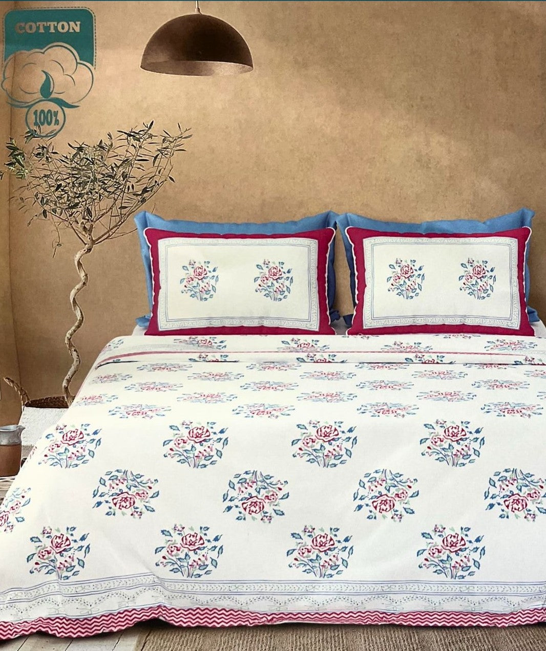Jaipuri Floral Handblocked Print Cotton King Size Bedsheet Set