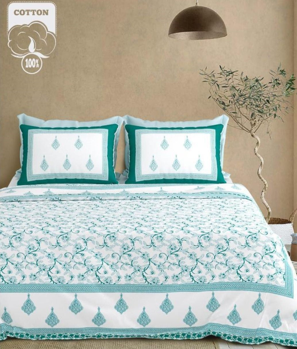 Monochrome Vine Jaipuri Handblocked Print Cotton King Size Bedsheet Set