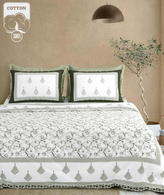 Monochrome Vine Jaipuri Handblocked Print Cotton King Size Bedsheet Set