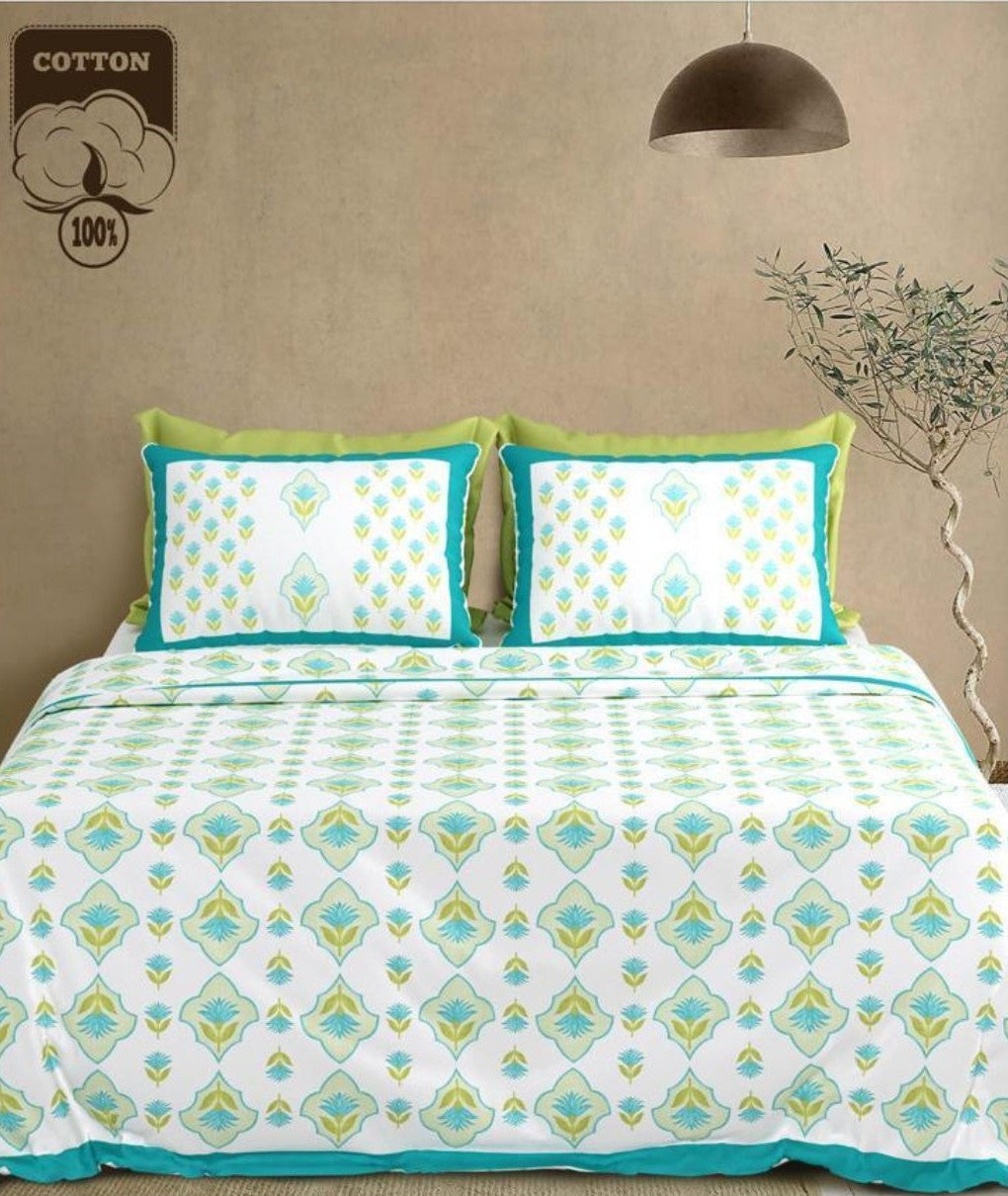 Diamond Floral Jaipuri Handblocked Print Cotton King Size Bedsheet Set