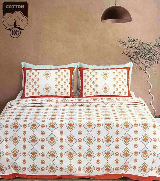 Diamond Floral Jaipuri Handblocked Print 100% Cotton King Size Bedsheet Set