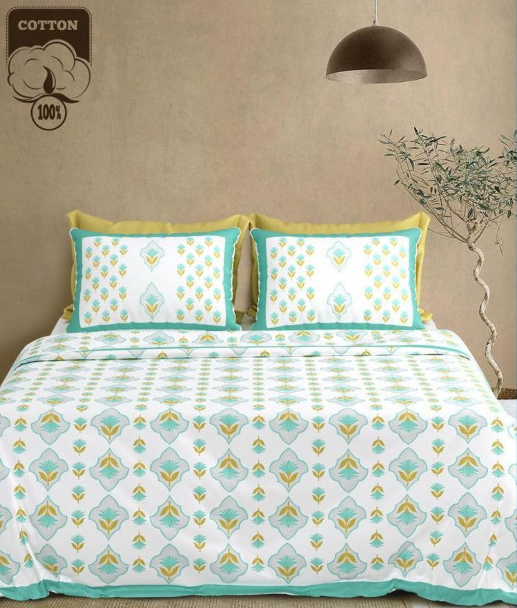 Diamond Floral Jaipuri Handblocked Print Cotton King Size Bedsheet Set