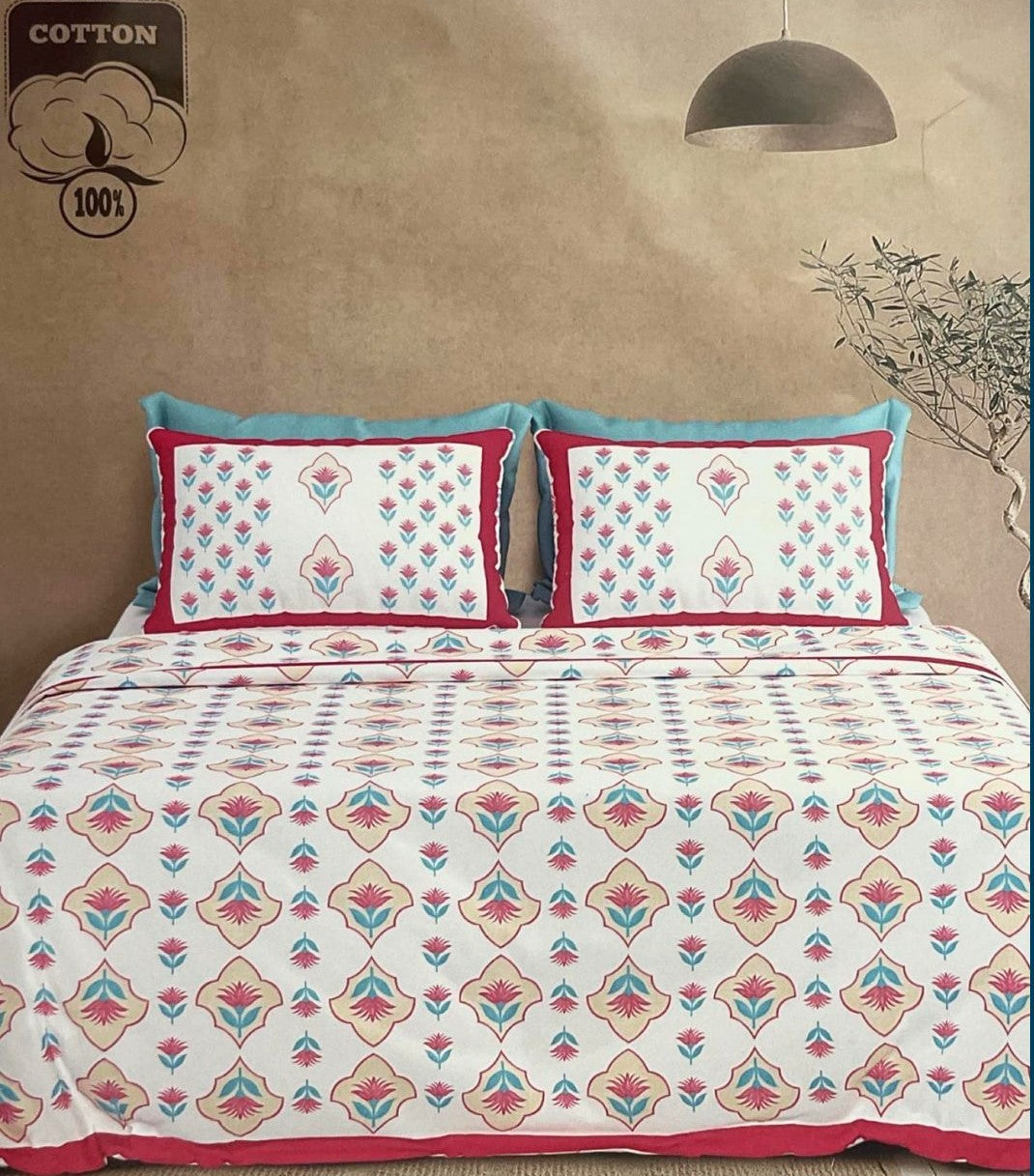 Diamond Floral Jaipuri Handblocked Print Cotton King Size Bedsheet Set