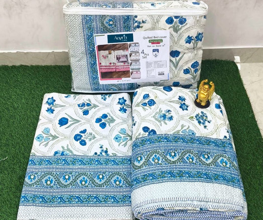 Blue Floral Mulmul Quilted Bedcover 4-Piece Set