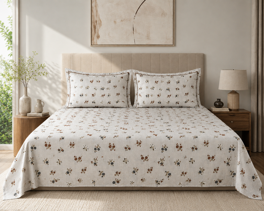 Light Grey Floral 300 TC Pure Cotton King Size Bedsheet Set