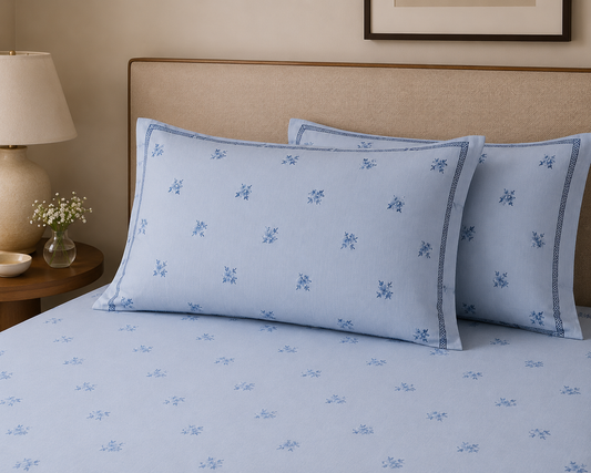 Light Blue Floral 300 TC Cotton King Size Bedsheet