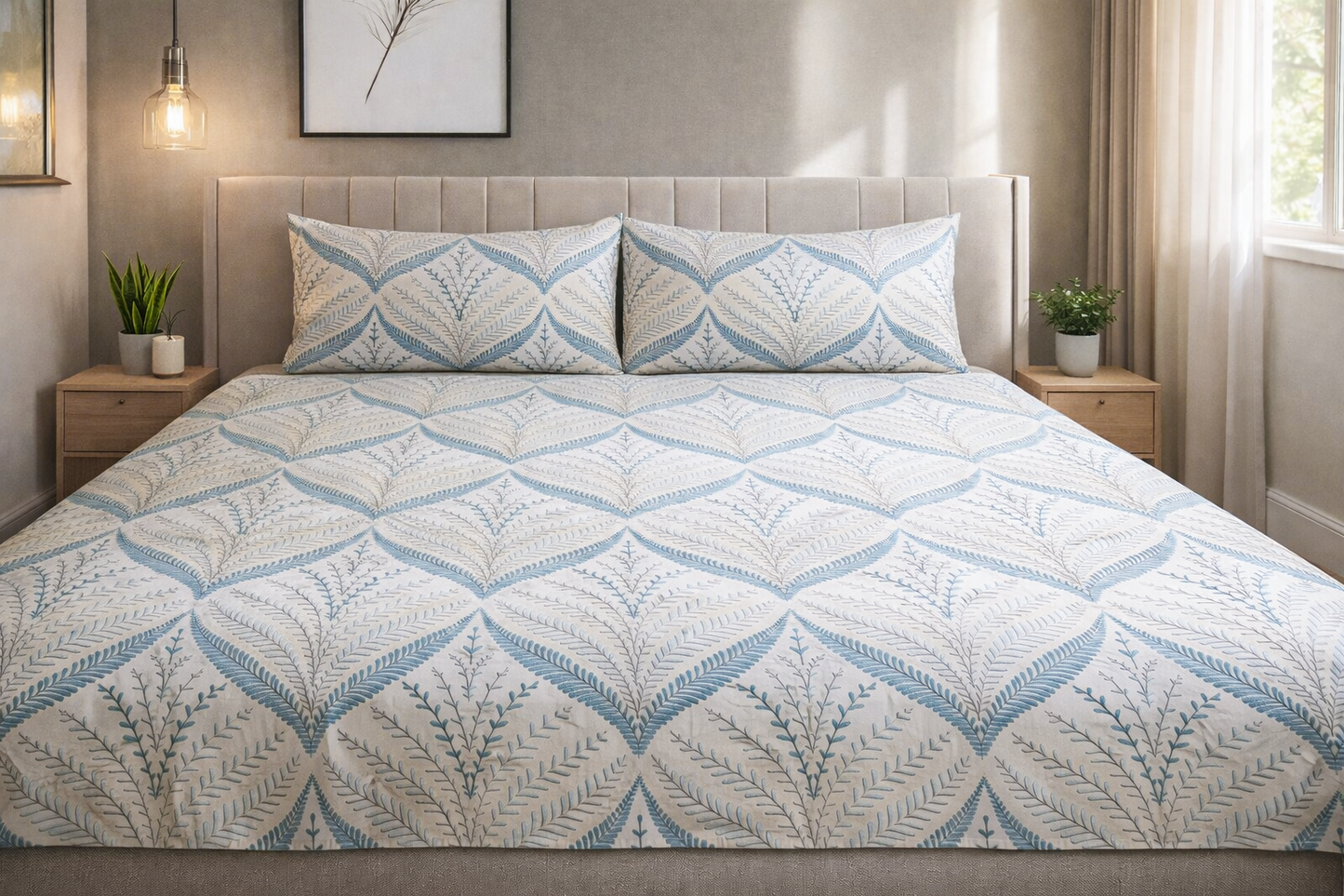 Fern & Floral Motif 100% Cotton King Size Bedsheet with 2 Pillow Covers