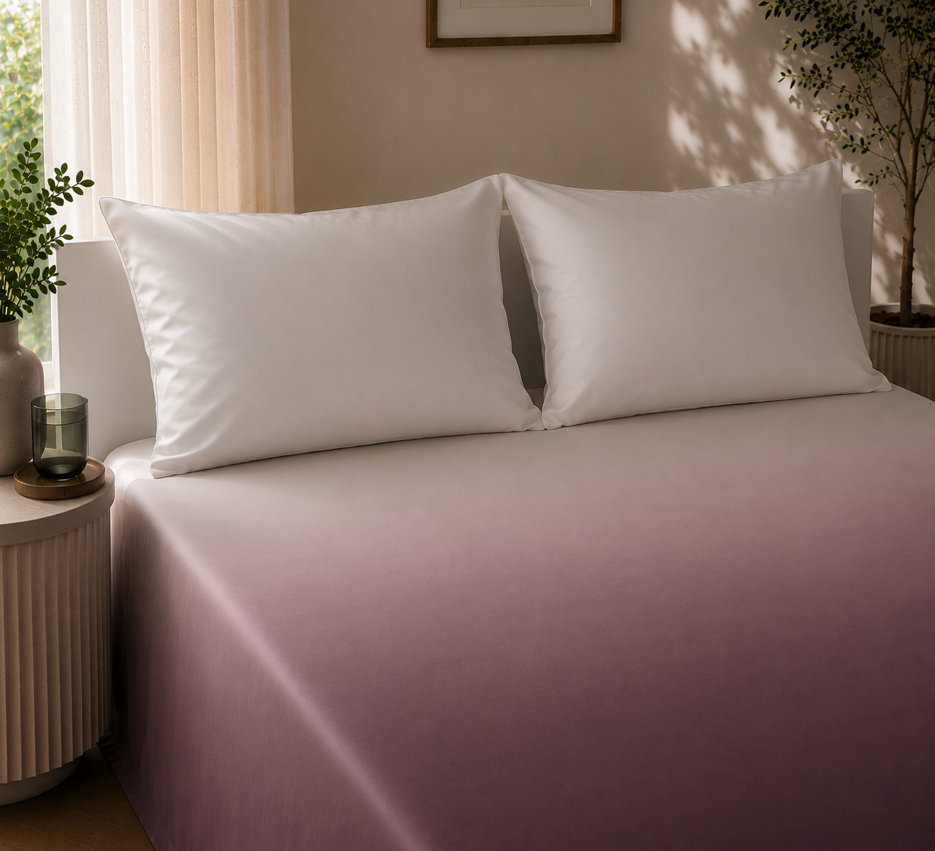 Dark Mauve & White Gradient Satin-Cotton Premium King Size Bedsheet Set