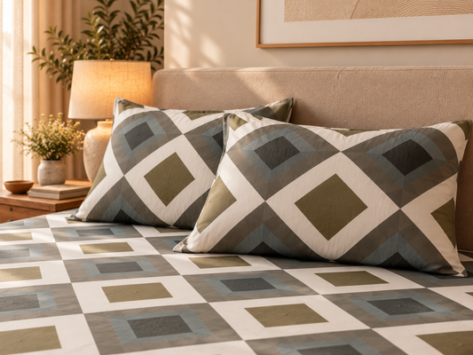 Olive Beige Geometric Grid King Size Pure Cotton Bedsheet