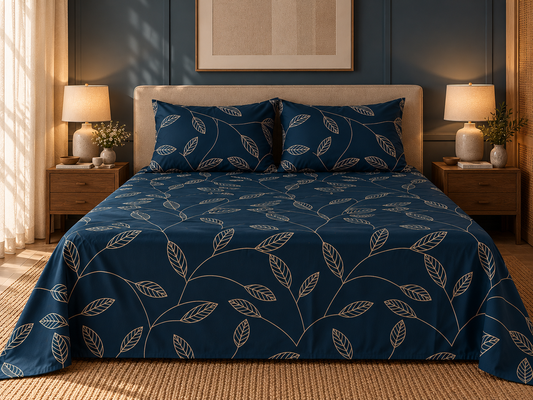 Rich Blue Botanical King Size Pure Cotton Bedsheet