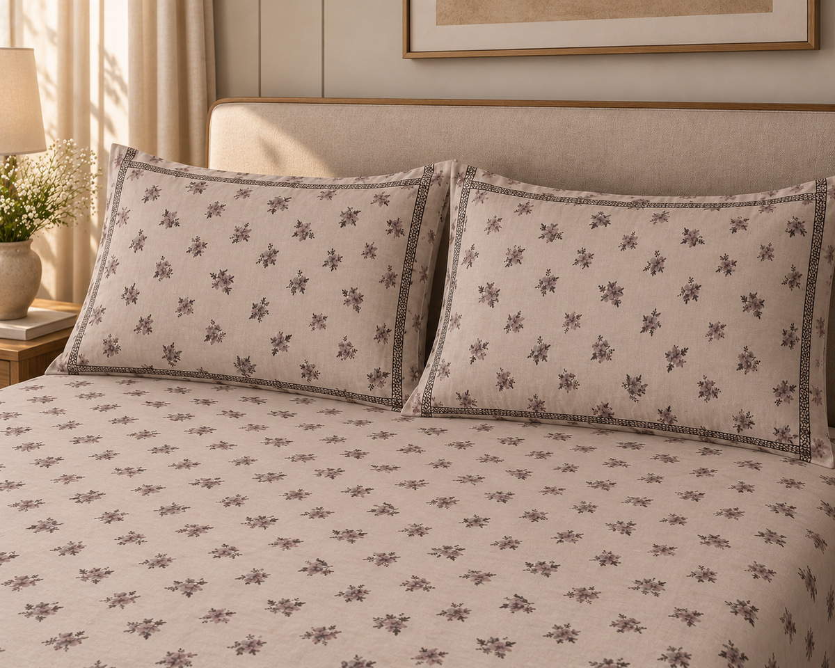 Beige Floral 300 TC Cotton King Size Bedsheet