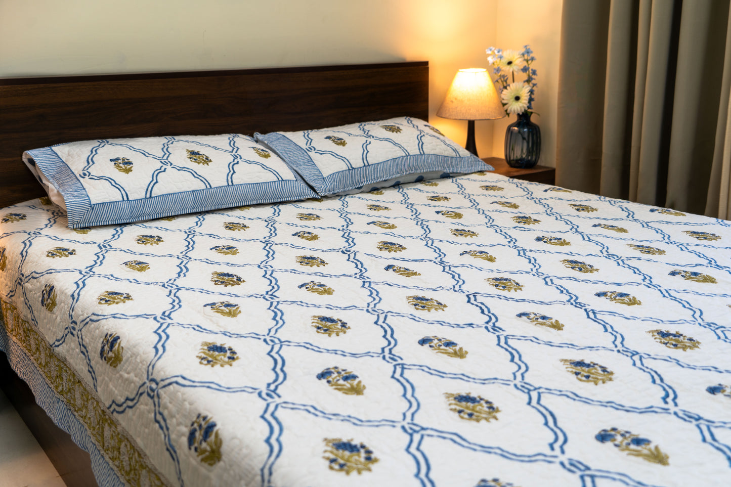 Jaipuri Mulmul Hand-Block Printed Bedcover Set - Blue & White with floral motifs