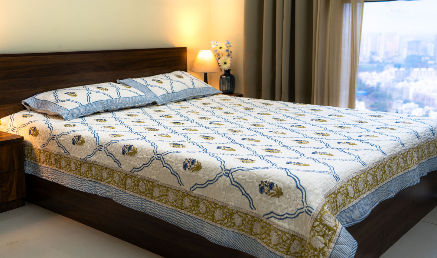 Jaipuri Mulmul Hand-Block Printed Bedcover Set - Blue & White with floral motifs