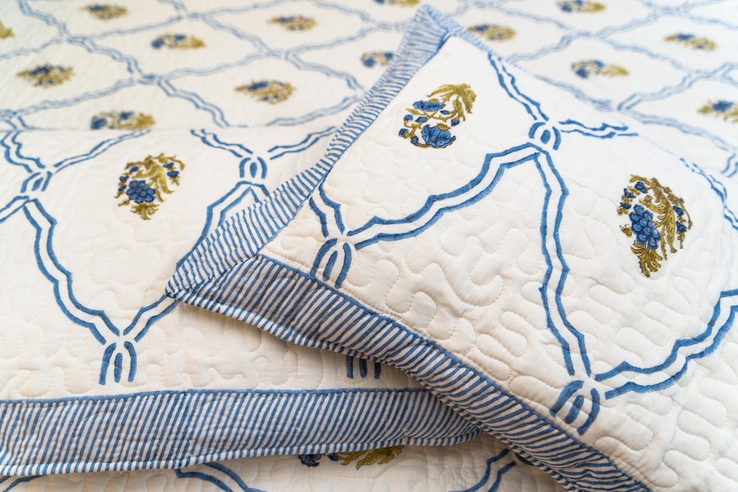 Jaipuri Mulmul Hand-Block Printed Bedcover Set - Blue & White with floral motifs