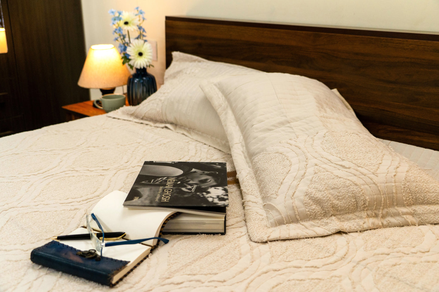 King Size Quilted Bedcover – 100% Mulmul Cotton with Textured Tone-on-Tone Design - Beige