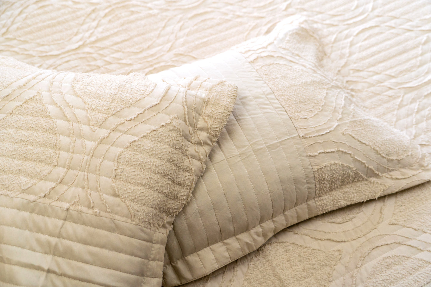 King Size Quilted Bedcover – 100% Mulmul Cotton with Textured Tone-on-Tone Design - Beige