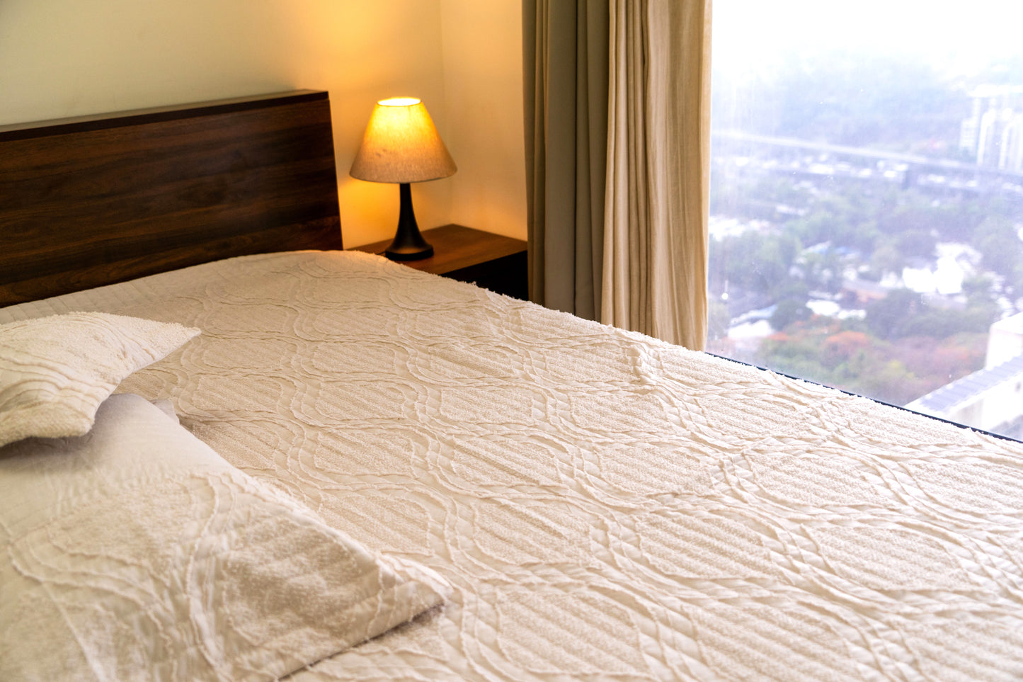 King Size Quilted Bedcover – 100% Mulmul Cotton with Textured Tone-on-Tone Design - Beige
