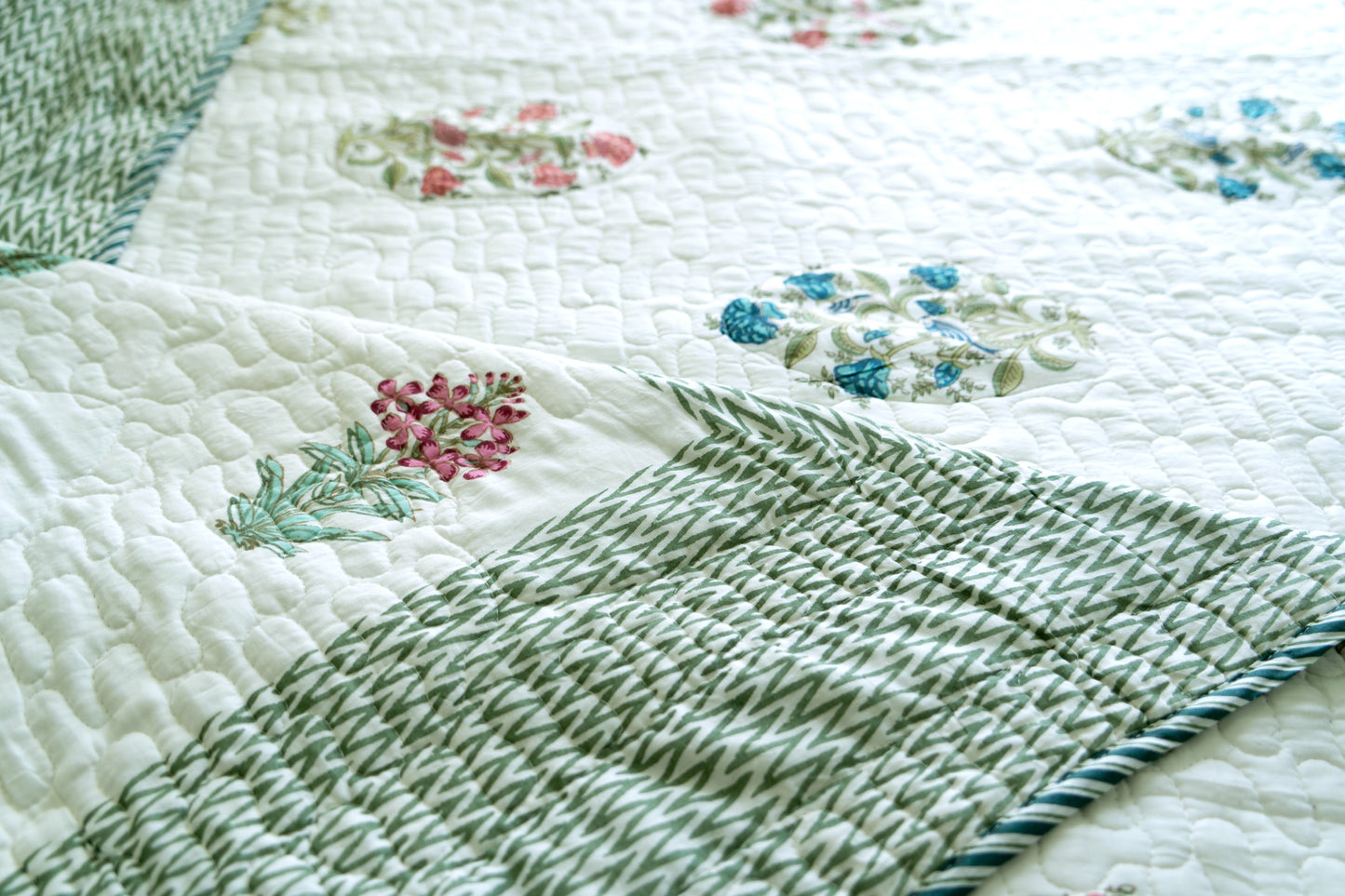 Double-Sided Jaipuri block print, 100% Mulmul Cotton Bedcover – Multicolor Floral Elegance