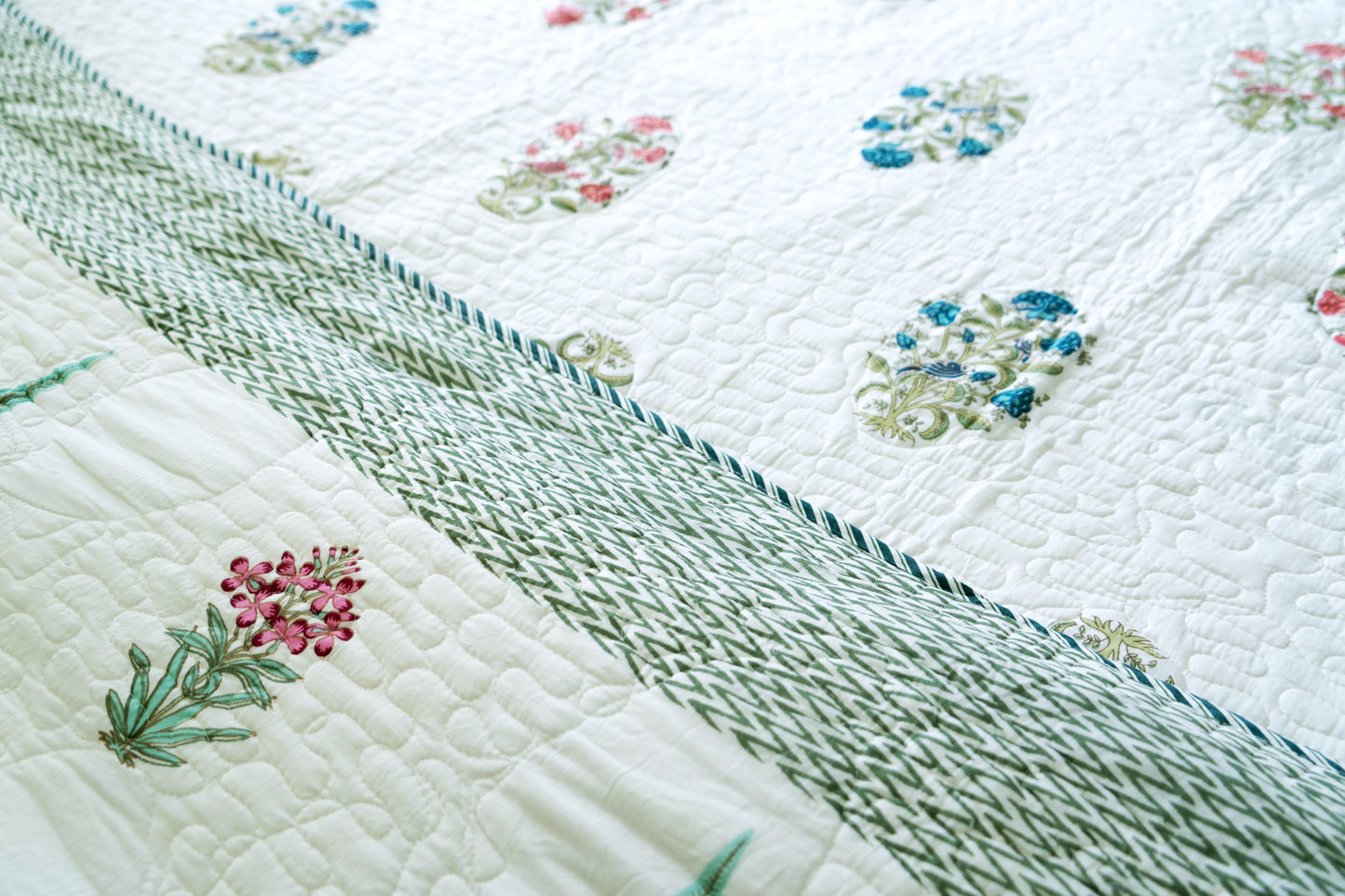 Double-Sided Jaipuri block print, 100% Mulmul Cotton Bedcover – Multicolor Floral Elegance