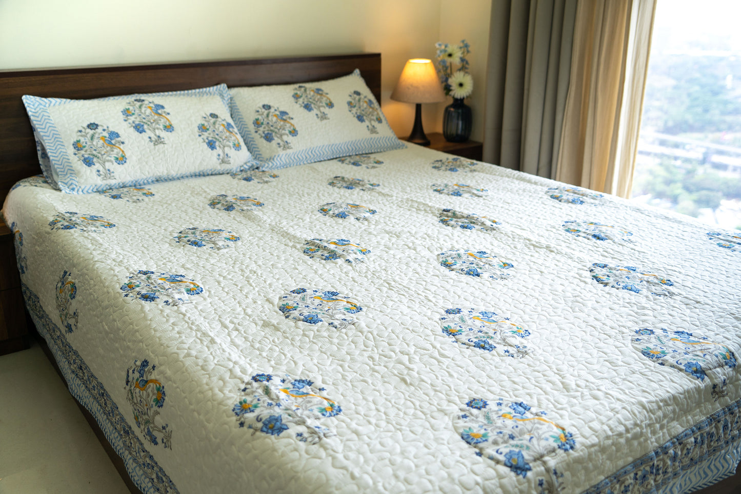 Quilted Hand-Block Printed Bedcover – 100% Mulmul Cotton in Blue Floral Motif