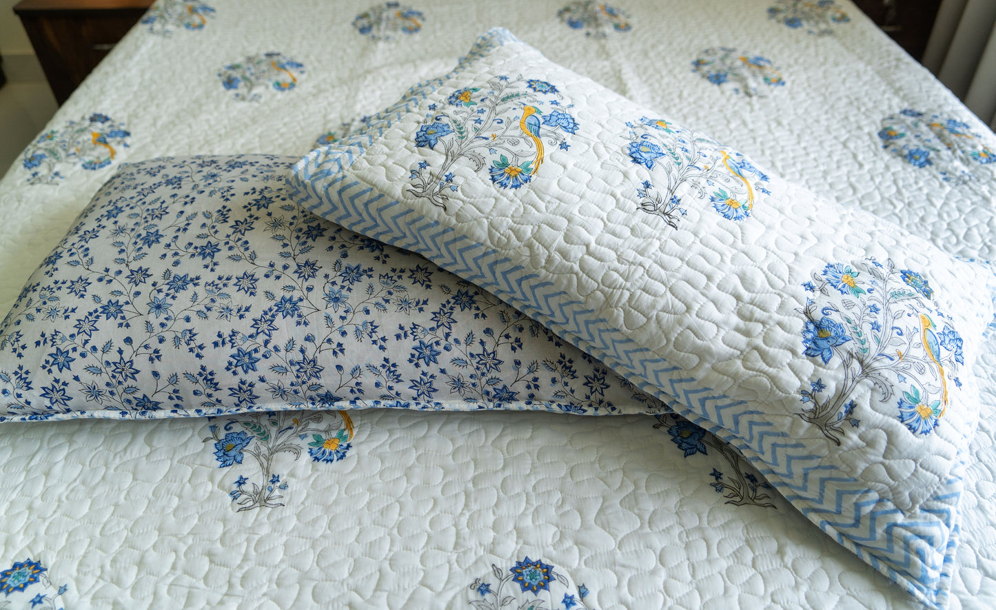 Quilted Hand-Block Printed Bedcover – 100% Mulmul Cotton in Blue Floral Motif