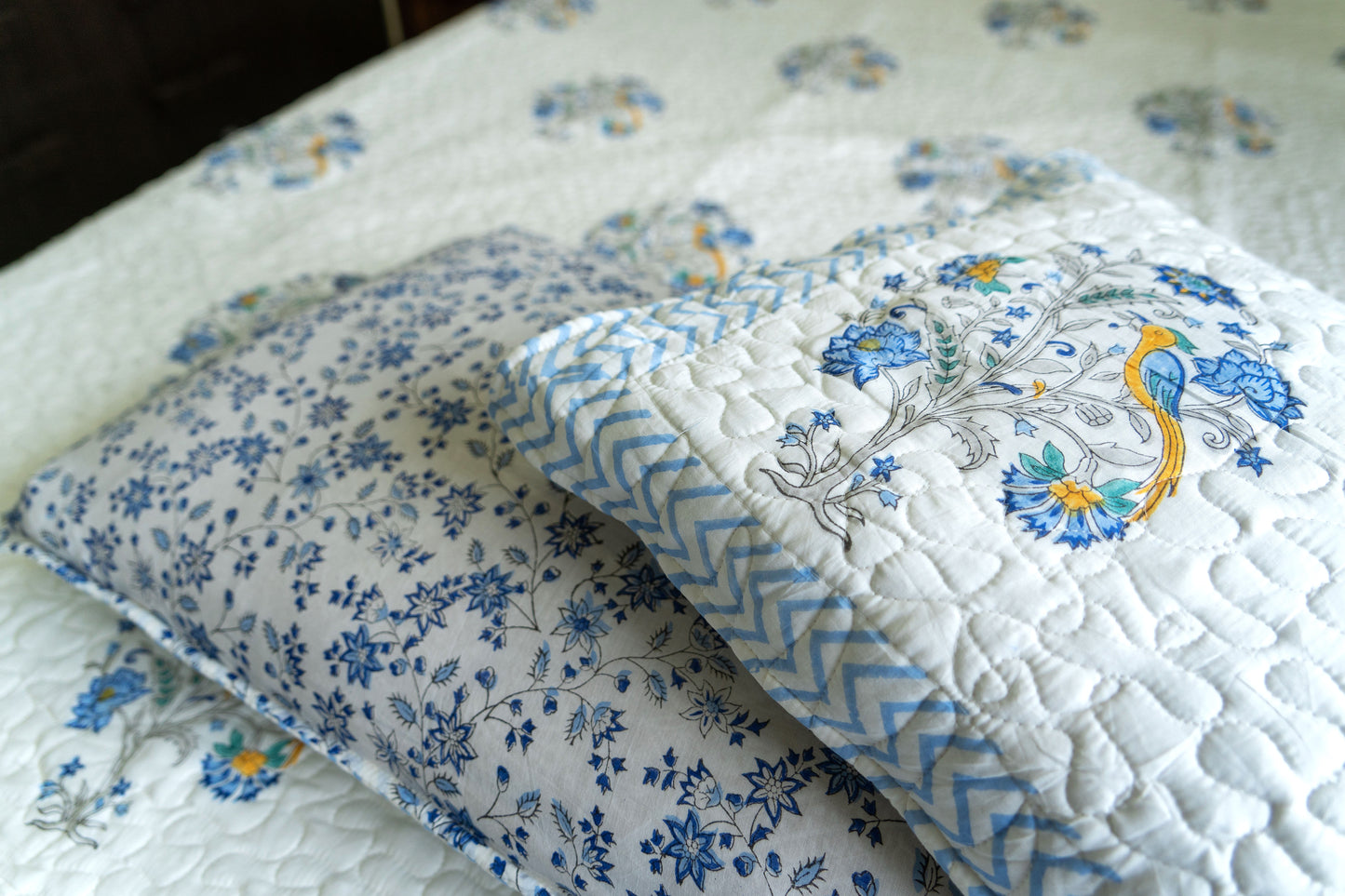 Quilted Hand-Block Printed Bedcover – 100% Mulmul Cotton in Blue Floral Motif