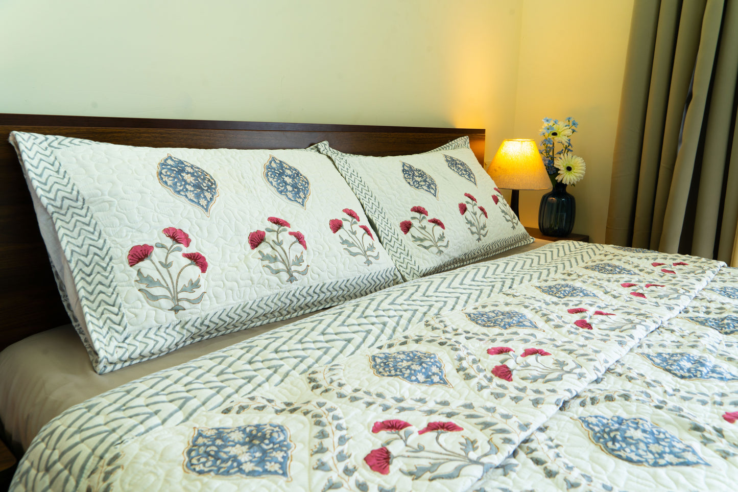 Quilted Mulmul Bedcover – Hand Block Printed in Sanganeri-Bagru Fusion Floral & Diamond Design