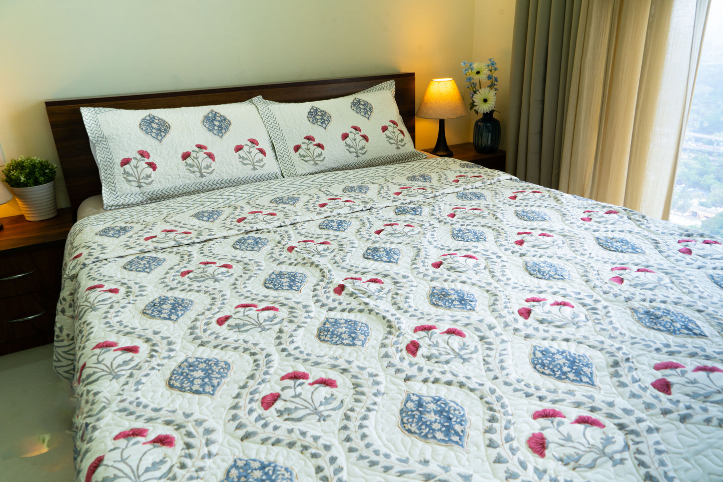 Quilted Mulmul Bedcover – Hand Block Printed in Sanganeri-Bagru Fusion Floral & Diamond Design