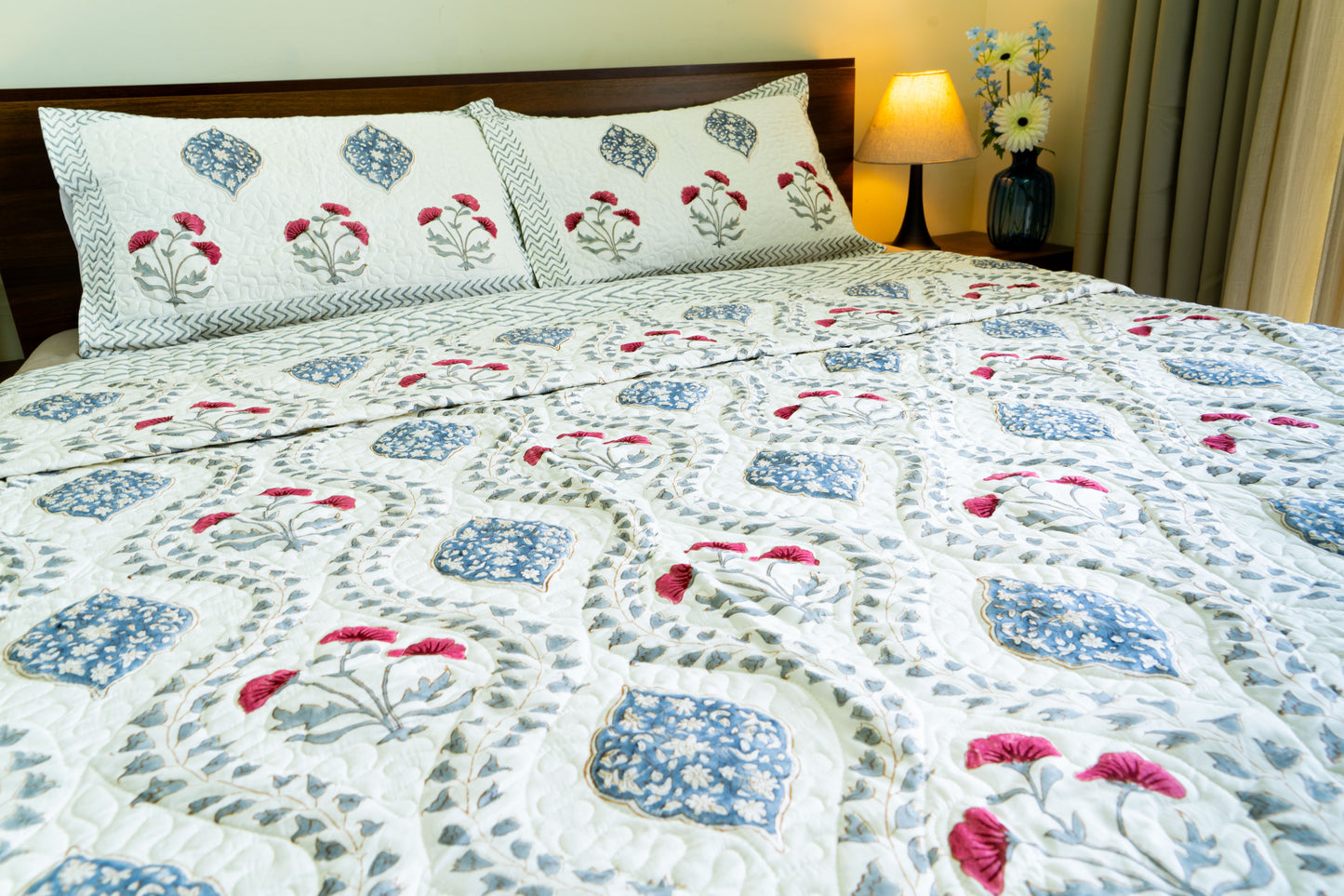Quilted Mulmul Bedcover – Hand Block Printed in Sanganeri-Bagru Fusion Floral & Diamond Design