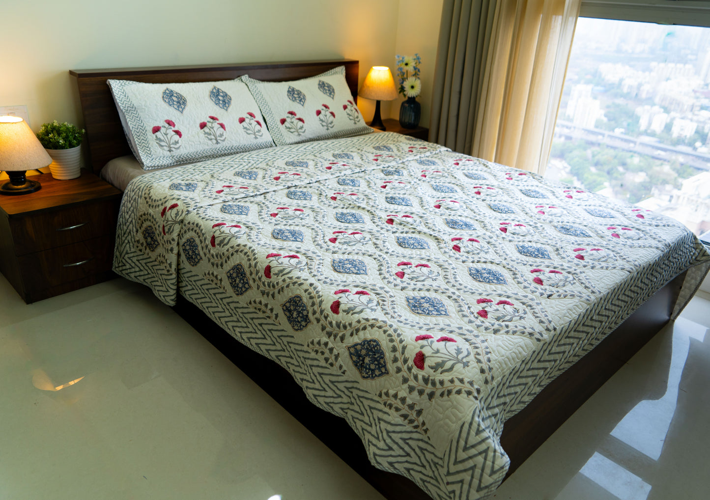 Quilted Mulmul Bedcover – Hand Block Printed in Sanganeri-Bagru Fusion Floral & Diamond Design