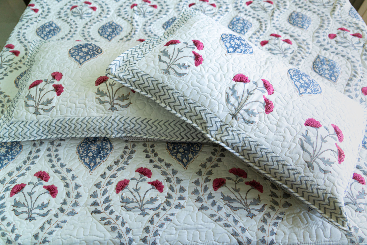 Quilted Mulmul Bedcover – Hand Block Printed in Sanganeri-Bagru Fusion Floral & Diamond Design