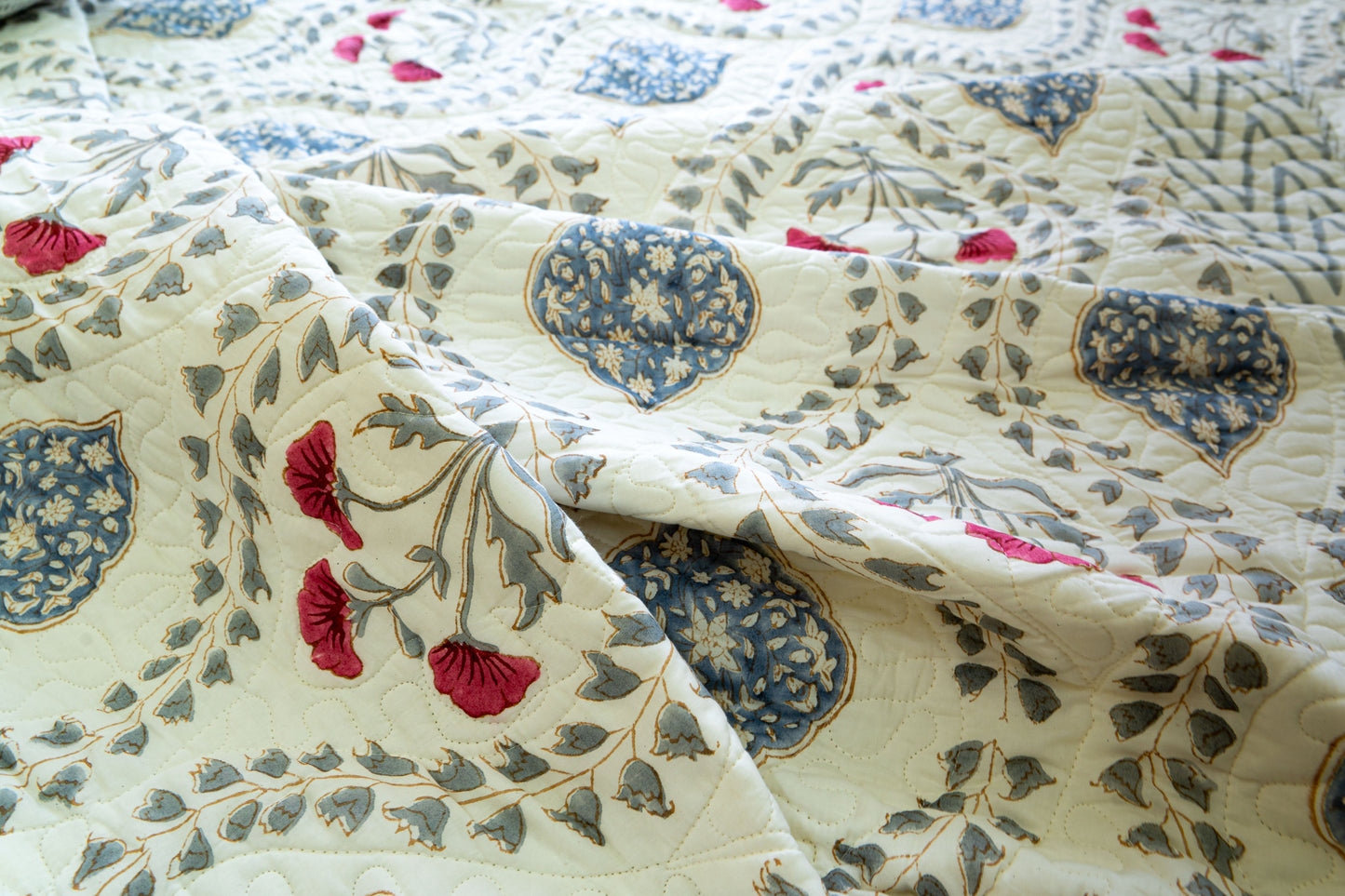 Quilted Mulmul Bedcover – Hand Block Printed in Sanganeri-Bagru Fusion Floral & Diamond Design