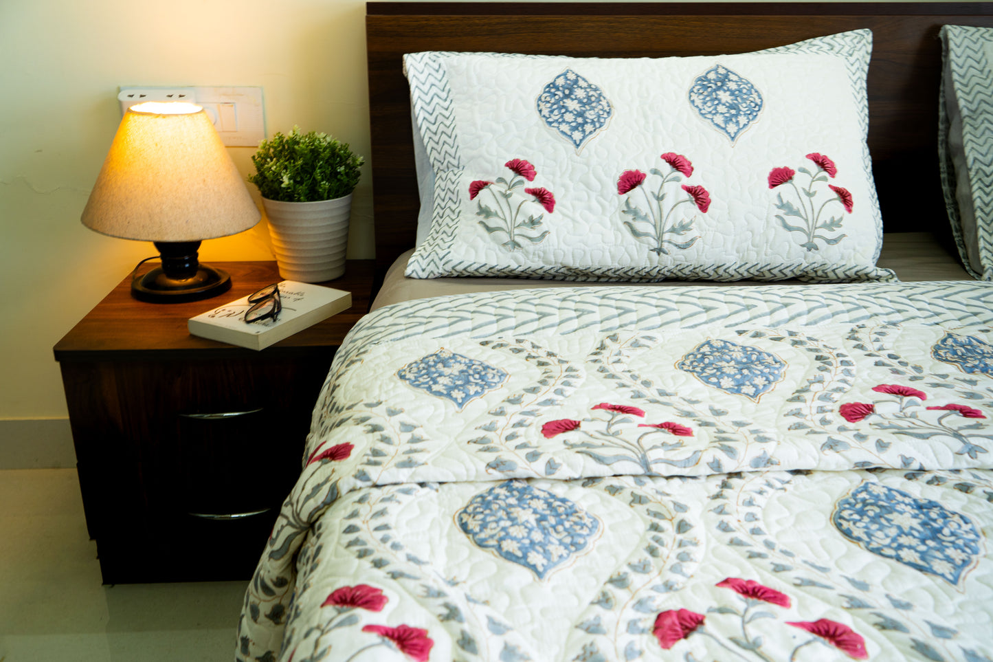 Quilted Mulmul Bedcover – Hand Block Printed in Sanganeri-Bagru Fusion Floral & Diamond Design