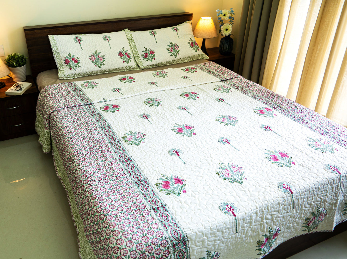 King Size Quilted Bedcover – 100% Mulmul Cotton Hand Block Print in Jaipuri-Sanganeri Floral Motif