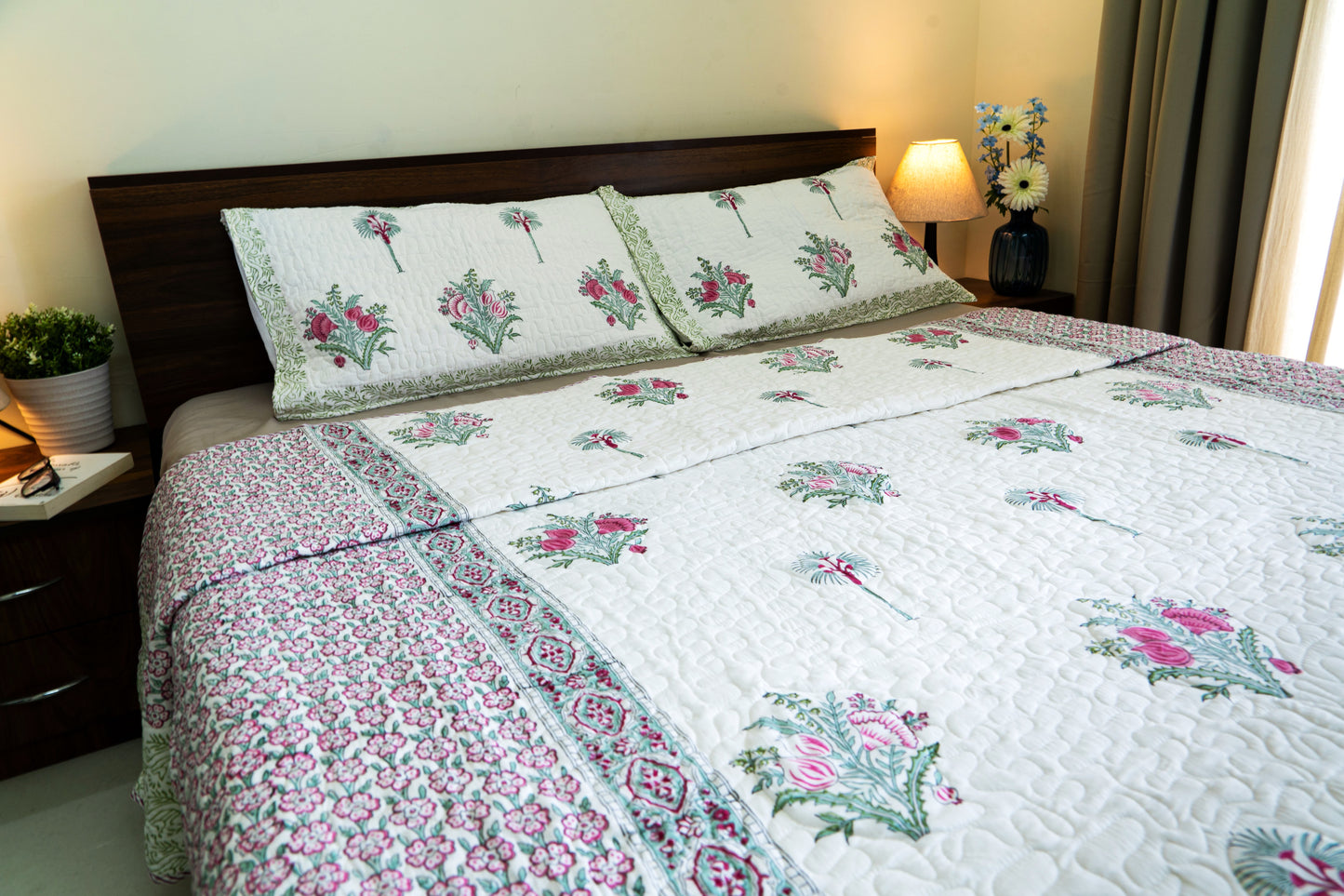 King Size Quilted Bedcover – 100% Mulmul Cotton Hand Block Print in Jaipuri-Sanganeri Floral Motif