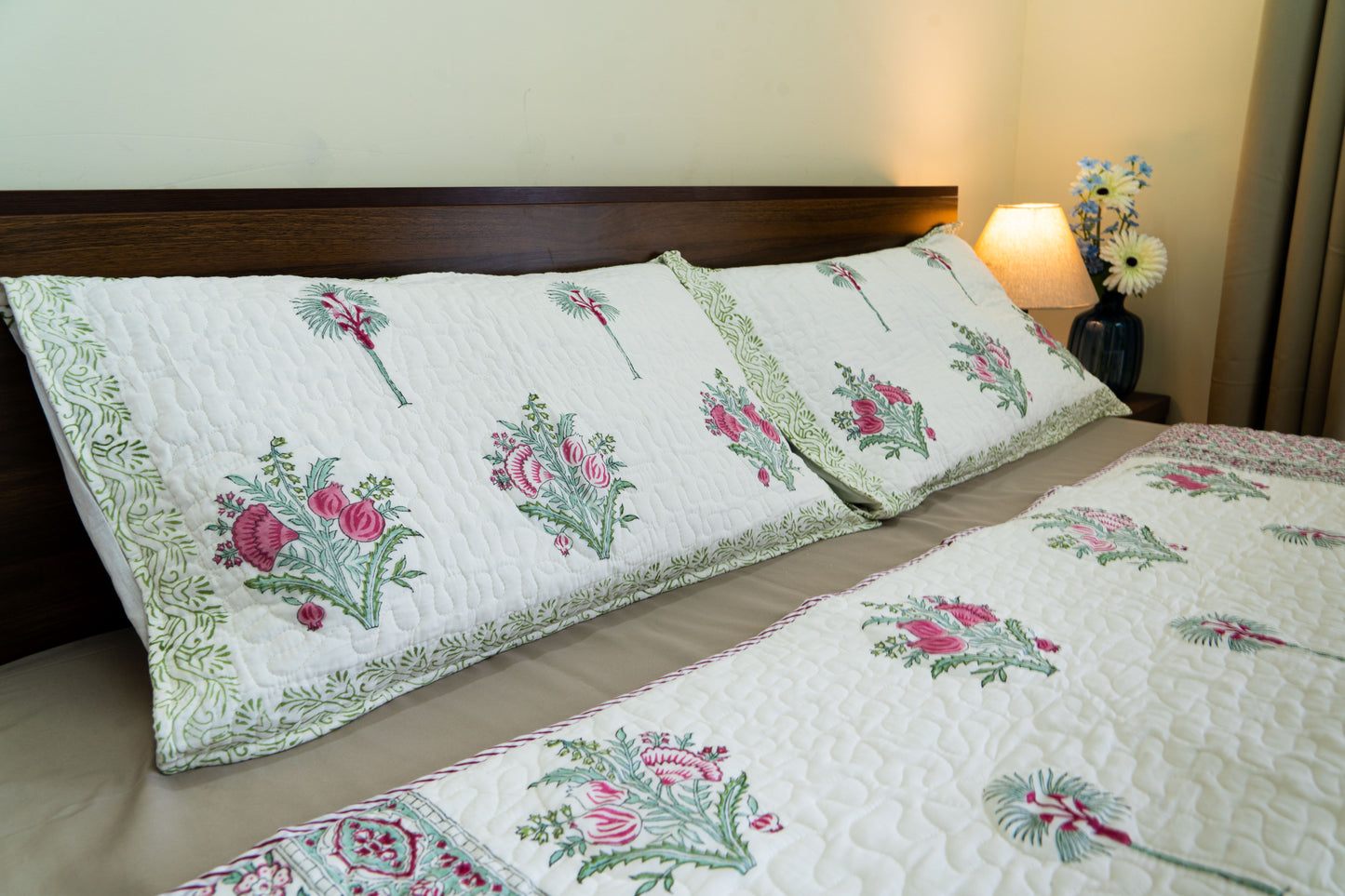 King Size Quilted Bedcover – 100% Mulmul Cotton Hand Block Print in Jaipuri-Sanganeri Floral Motif