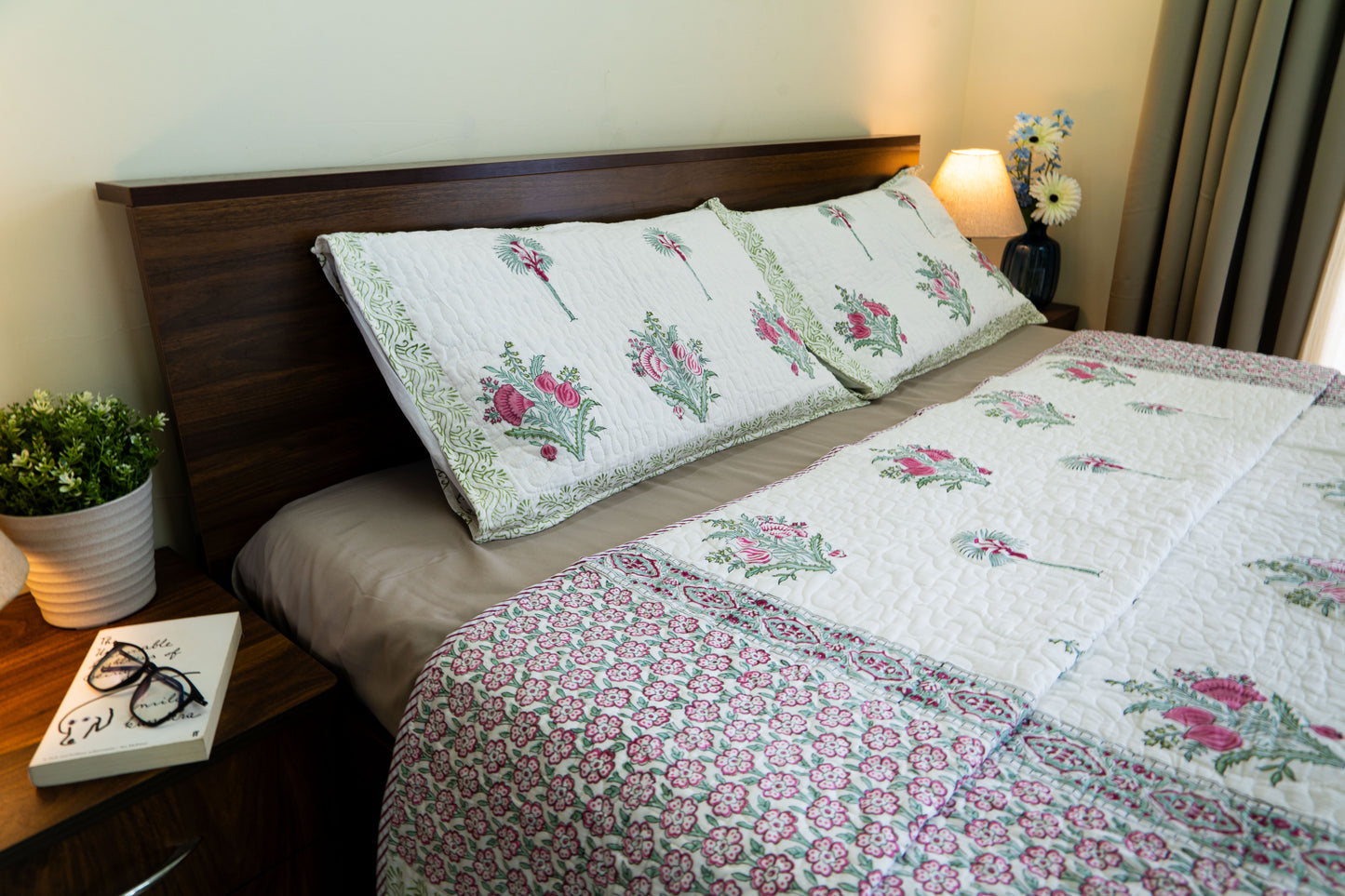 King Size Quilted Bedcover – 100% Mulmul Cotton Hand Block Print in Jaipuri-Sanganeri Floral Motif