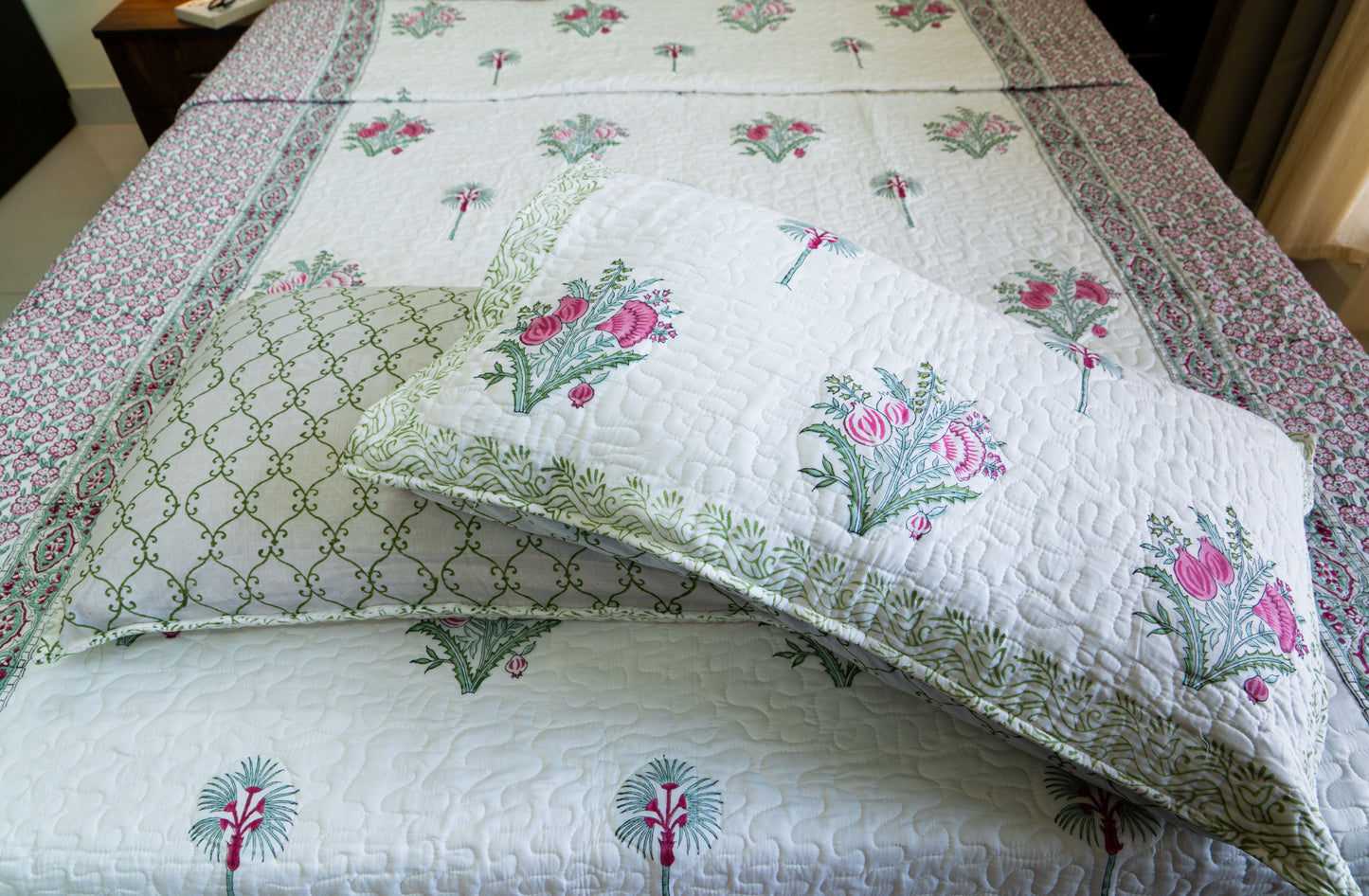 King Size Quilted Bedcover – 100% Mulmul Cotton Hand Block Print in Jaipuri-Sanganeri Floral Motif