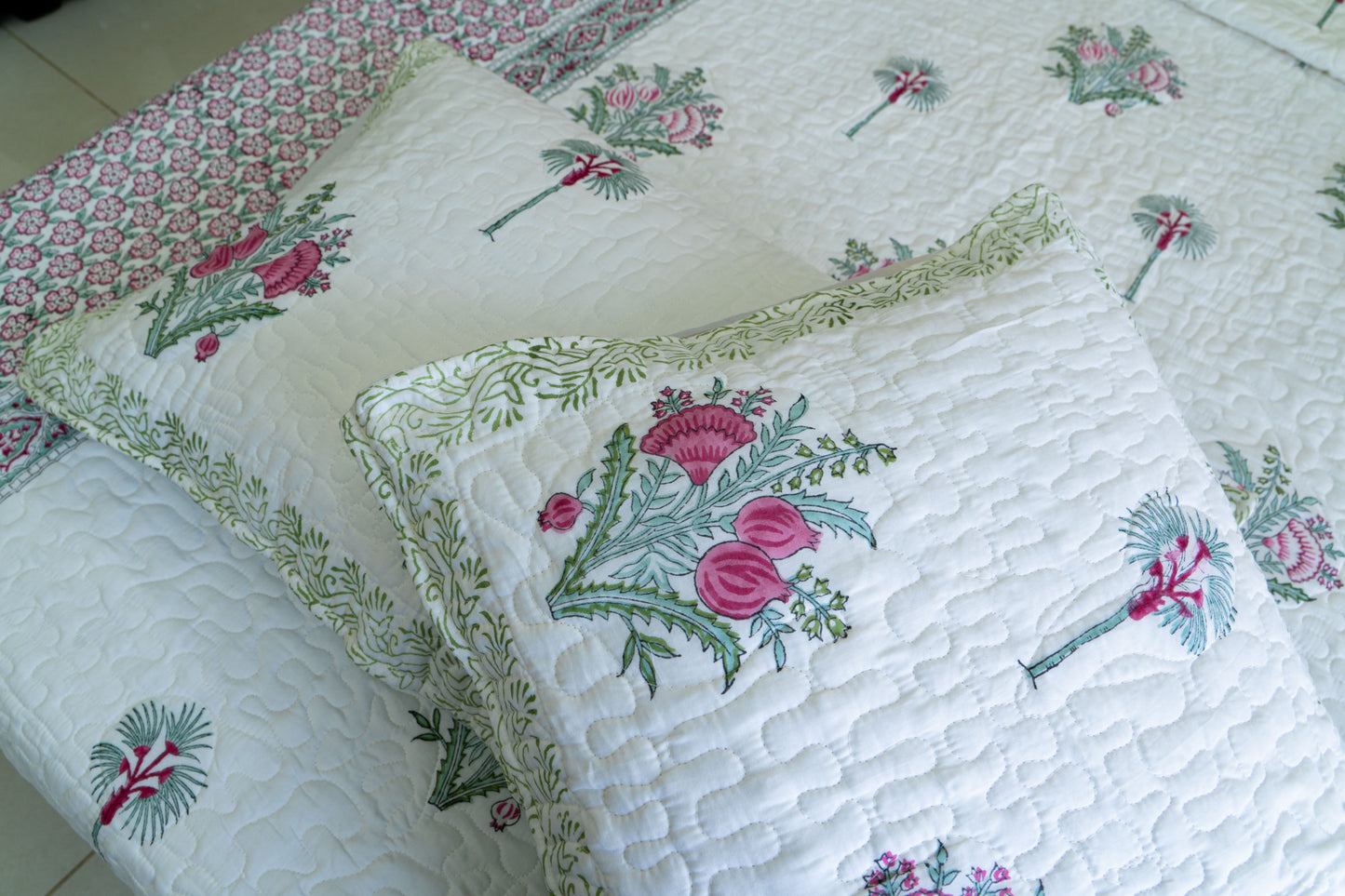 King Size Quilted Bedcover – 100% Mulmul Cotton Hand Block Print in Jaipuri-Sanganeri Floral Motif