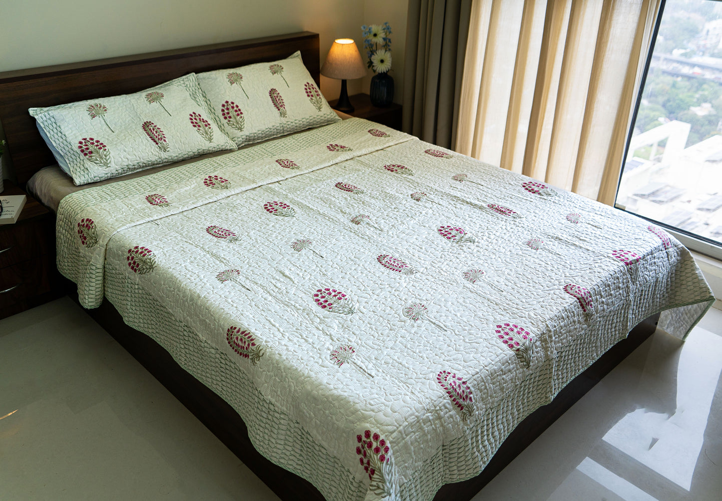 King Size Quilted Bedcover – 100% Mulmul Cotton Hand Block Print in Jaipuri-Sanganeri-Ajrakh Inspired Floral Design