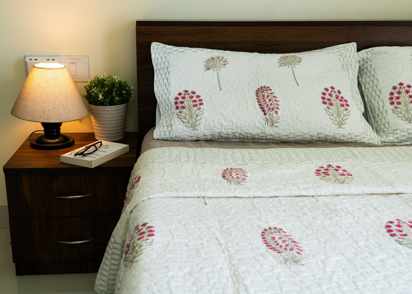King Size Quilted Bedcover – 100% Mulmul Cotton Hand Block Print in Jaipuri-Sanganeri-Ajrakh Inspired Floral Design