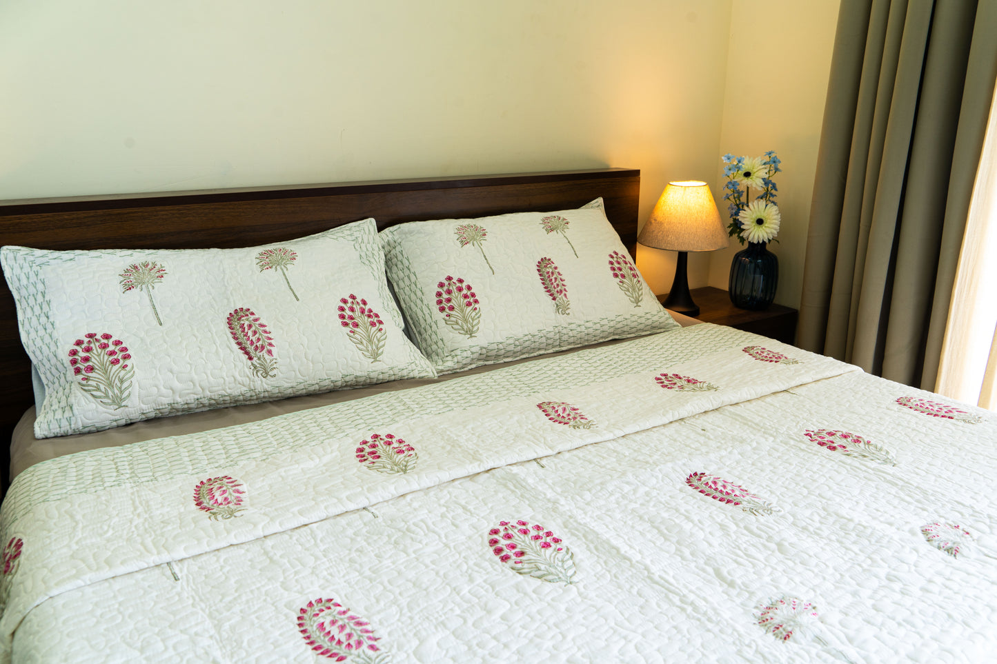 King Size Quilted Bedcover – 100% Mulmul Cotton Hand Block Print in Jaipuri-Sanganeri-Ajrakh Inspired Floral Design