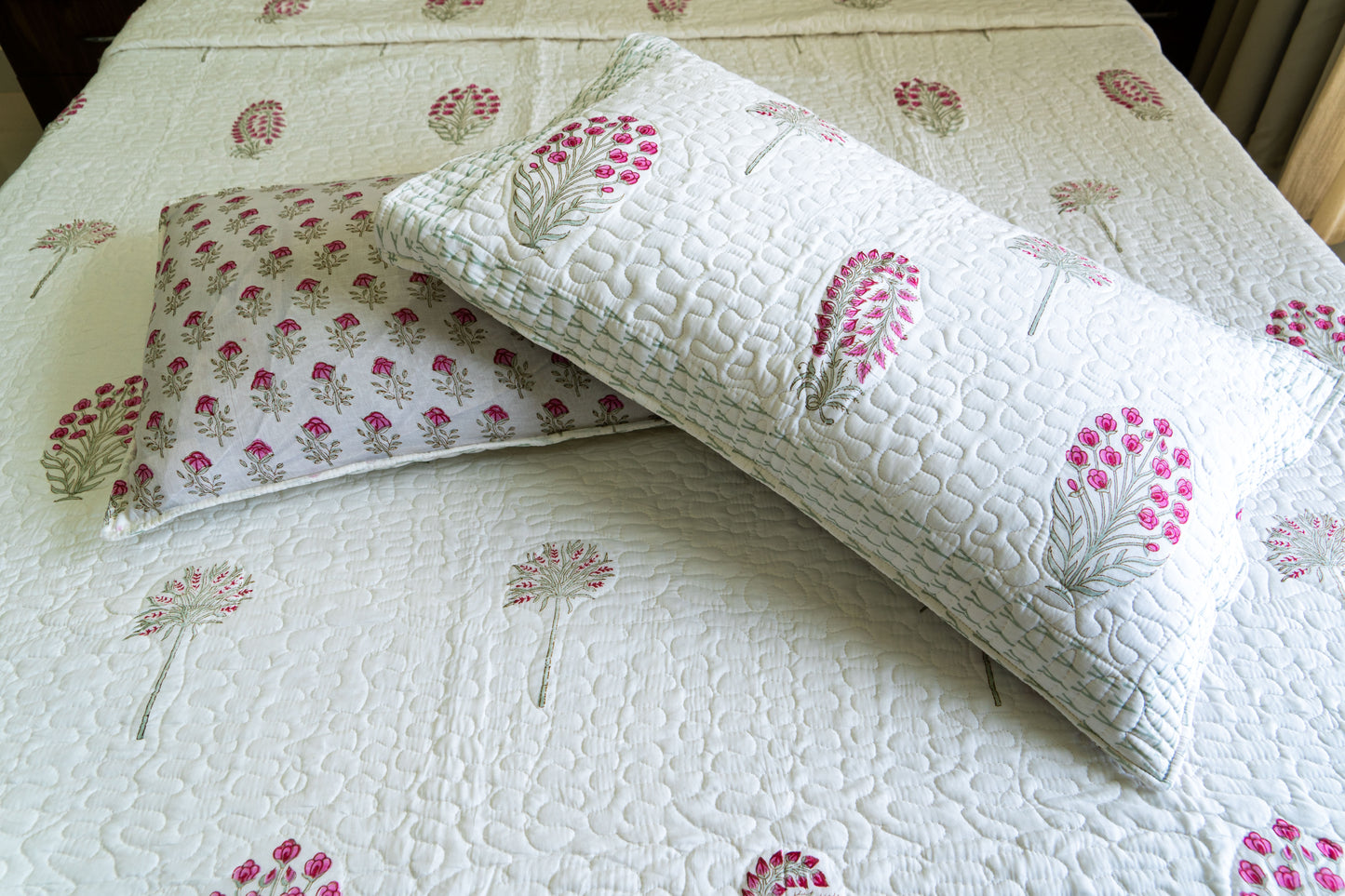 King Size Quilted Bedcover – 100% Mulmul Cotton Hand Block Print in Jaipuri-Sanganeri-Ajrakh Inspired Floral Design
