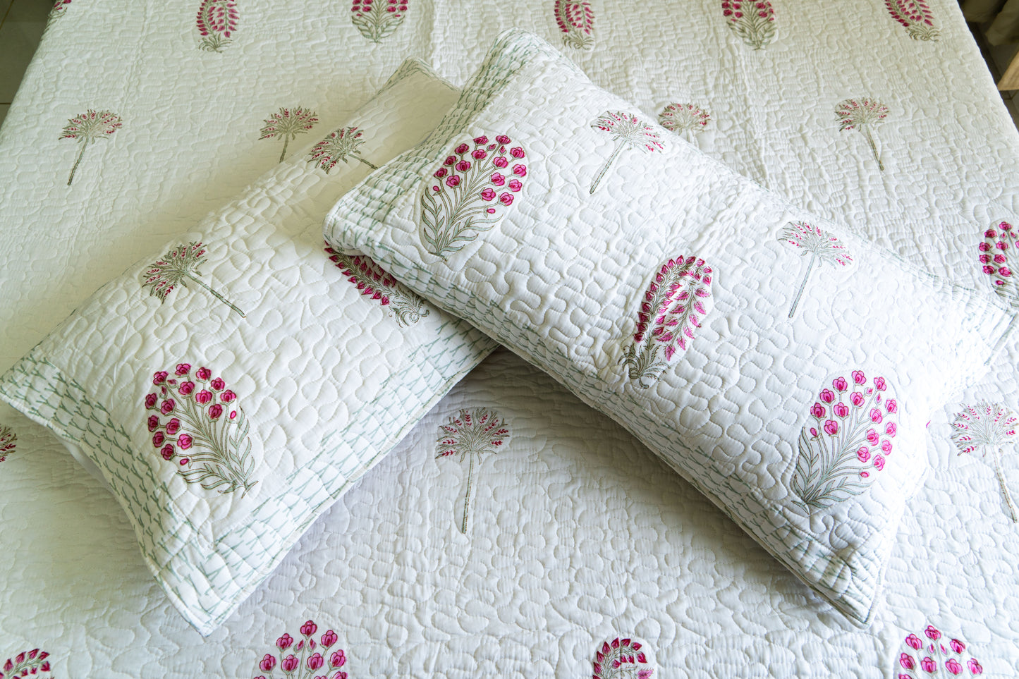 King Size Quilted Bedcover – 100% Mulmul Cotton Hand Block Print in Jaipuri-Sanganeri-Ajrakh Inspired Floral Design