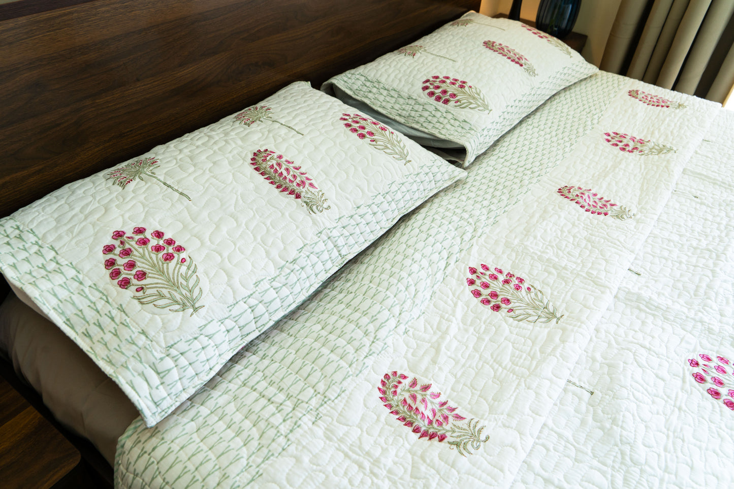 King Size Quilted Bedcover – 100% Mulmul Cotton Hand Block Print in Jaipuri-Sanganeri-Ajrakh Inspired Floral Design