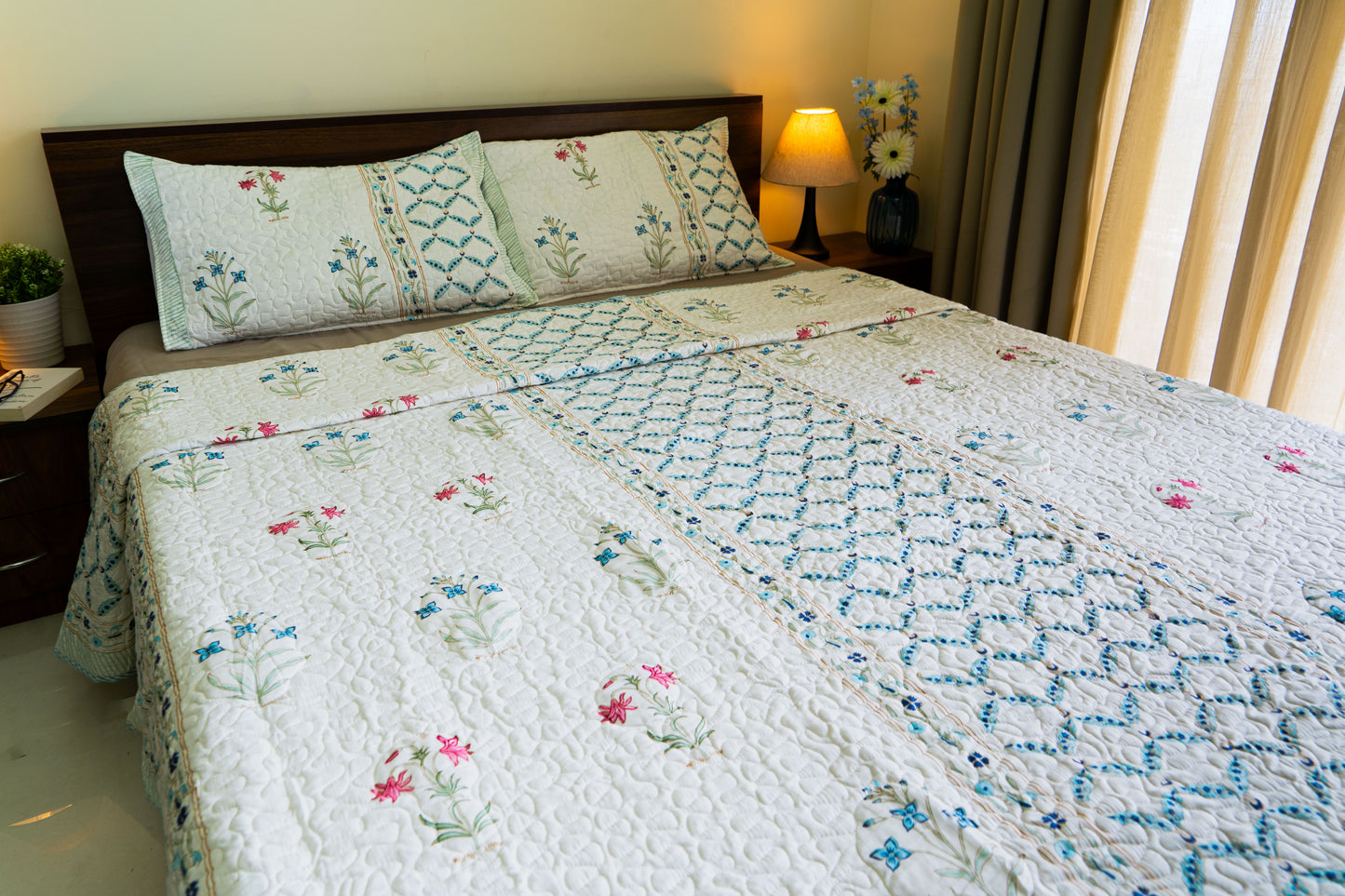 Quilted King Size Hand Block Printed Bedcover – 100% Mulmul Cotton